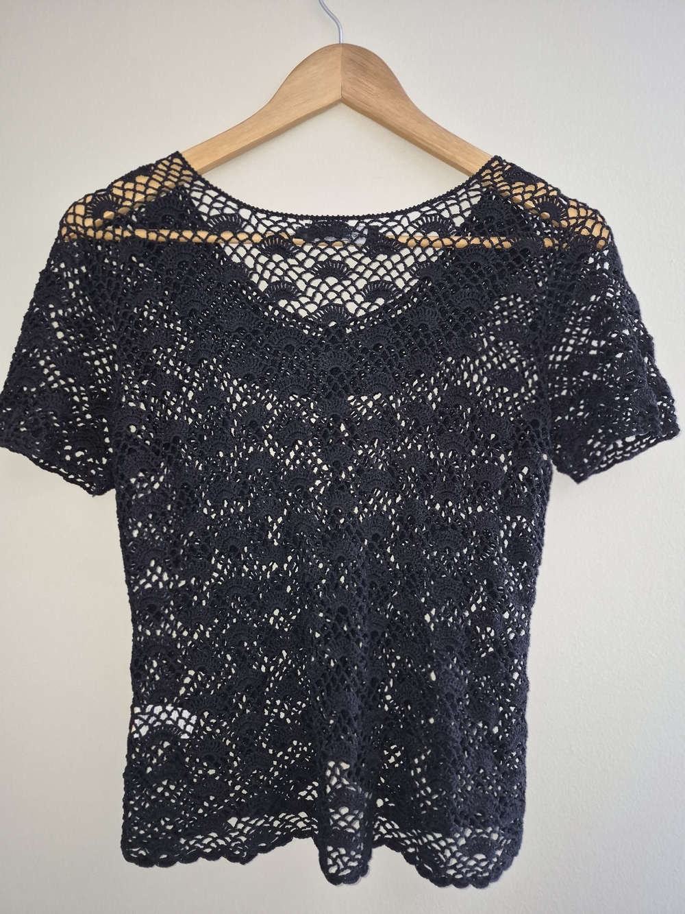 Black Crochet Button Front Top – Sheer Boho Knit XS/S